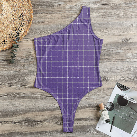 Purple Grey And White Tattersall Print One Shoulder Bodysuit