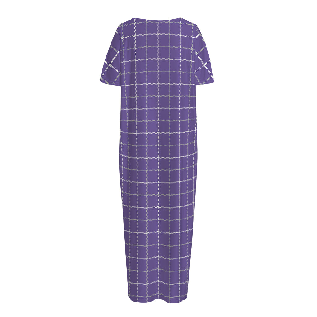 Purple Grey And White Tattersall Print Short Sleeve Long Nightdress