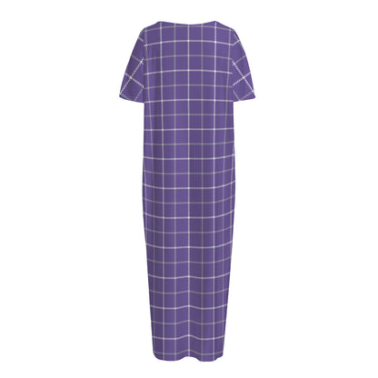 Purple Grey And White Tattersall Print Short Sleeve Long Nightdress
