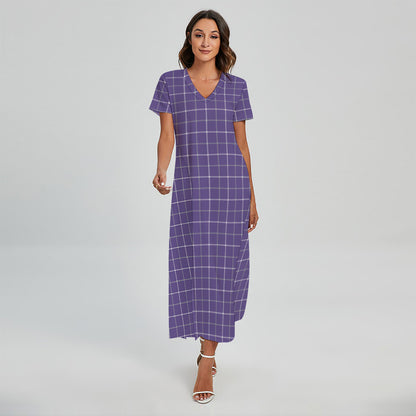 Purple Grey And White Tattersall Print Short Sleeve Maxi Dress