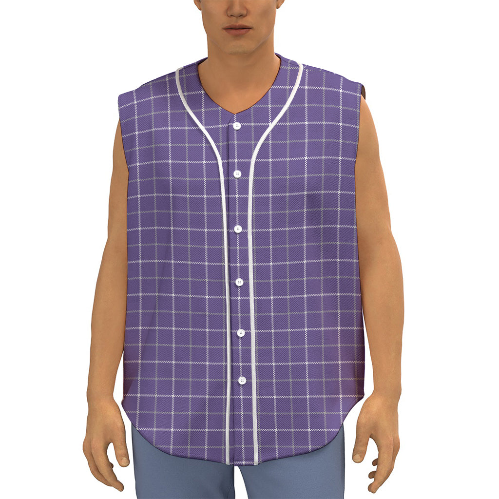 Purple Grey And White Tattersall Print Sleeveless Baseball Jersey