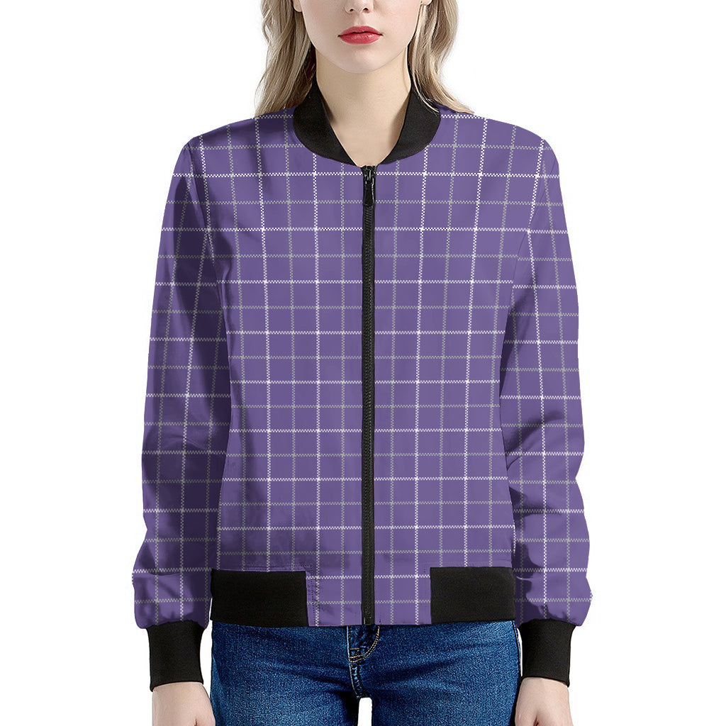 Purple Grey And White Tattersall Print Women's Bomber Jacket