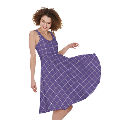 Purple Grey And White Tattersall Print Women's Sleeveless Dress