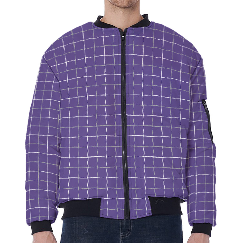Purple Grey And White Tattersall Print Zip Sleeve Bomber Jacket
