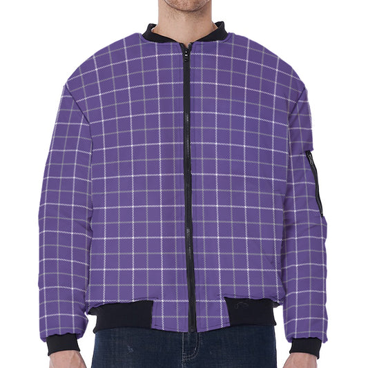 Purple Grey And White Tattersall Print Zip Sleeve Bomber Jacket