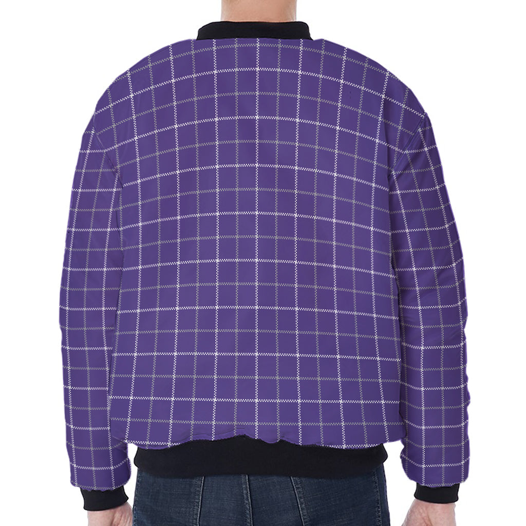 Purple Grey And White Tattersall Print Zip Sleeve Bomber Jacket
