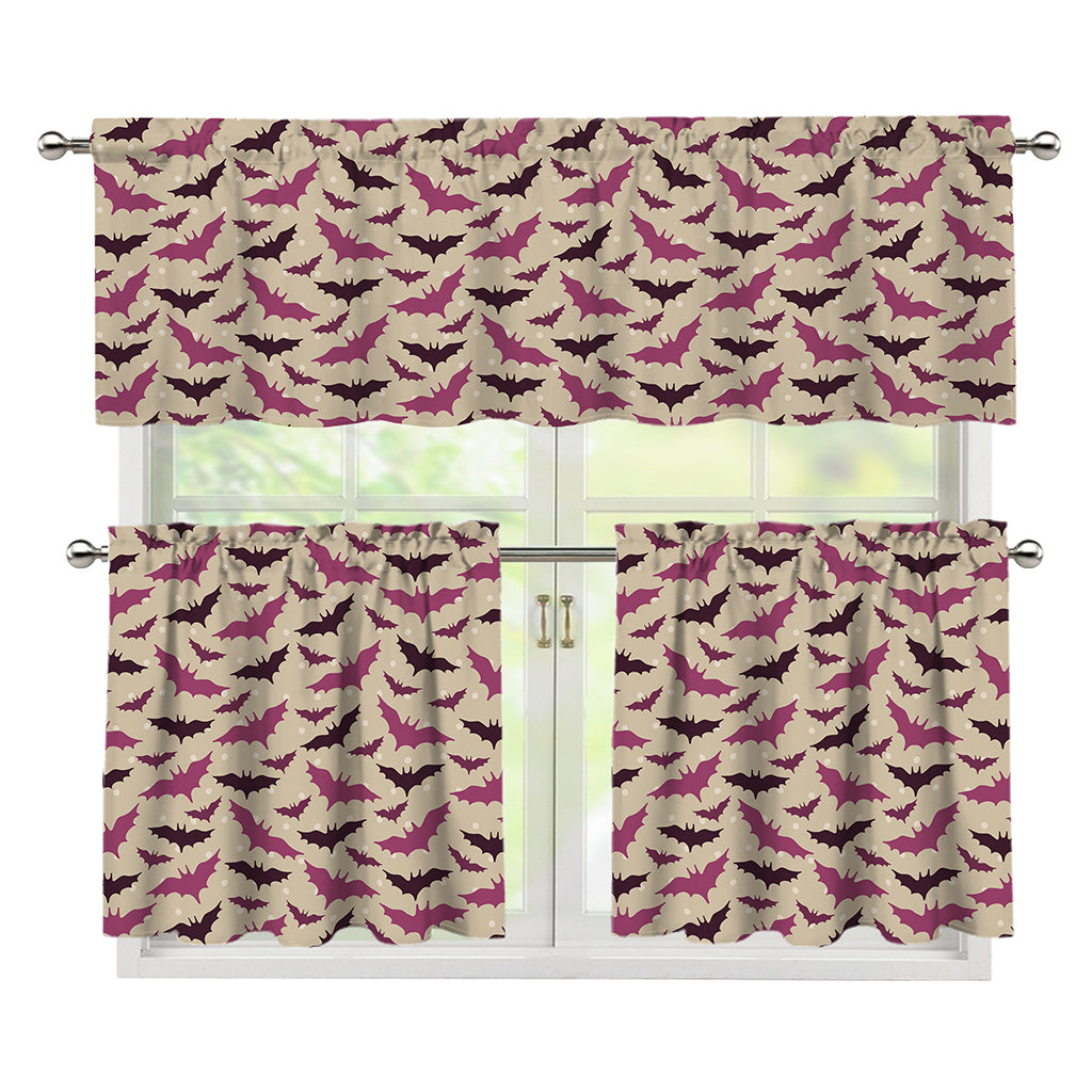 Purple Halloween Bat Pattern Print 3 Piece Kitchen Curtains