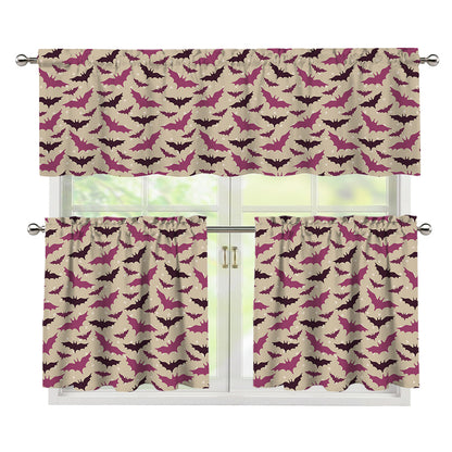 Purple Halloween Bat Pattern Print 3 Piece Kitchen Curtains