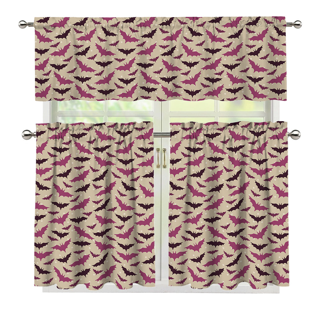Purple Halloween Bat Pattern Print 3 Piece Kitchen Curtains