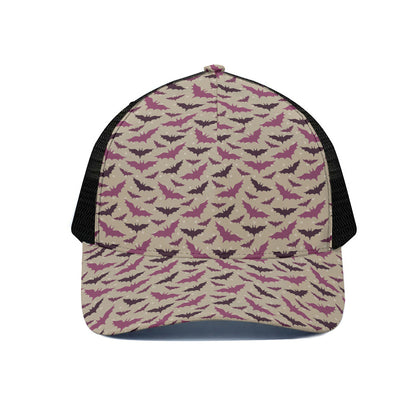 Purple Halloween Bat Pattern Print Black Mesh Trucker Cap