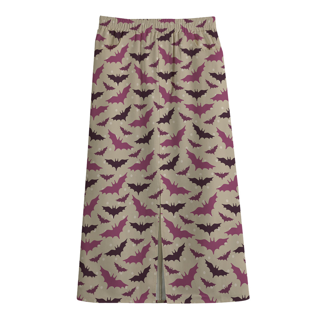 Purple Halloween Bat Pattern Print Cotton Front Slit Maxi Skirt