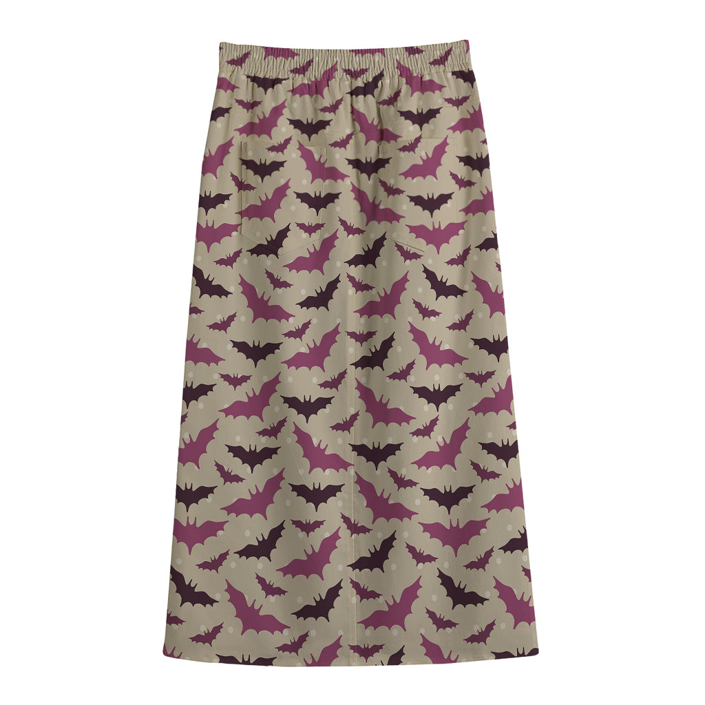 Purple Halloween Bat Pattern Print Cotton Front Slit Maxi Skirt