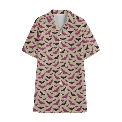 Purple Halloween Bat Pattern Print Cotton Hawaiian Shirt