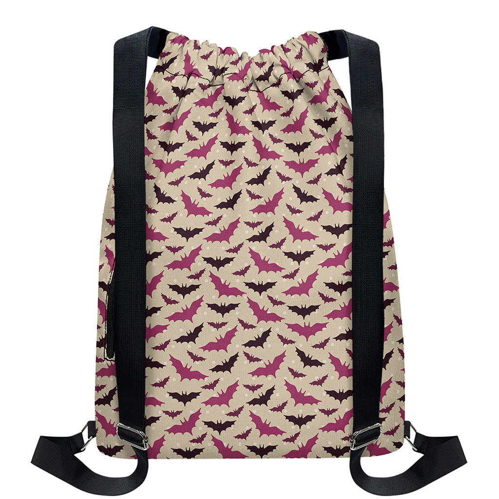 Purple Halloween Bat Pattern Print Drawstring Backpack