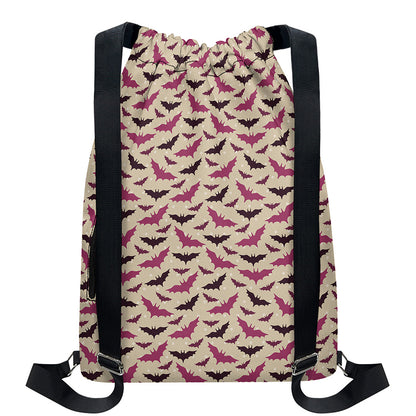 Purple Halloween Bat Pattern Print Drawstring Backpack