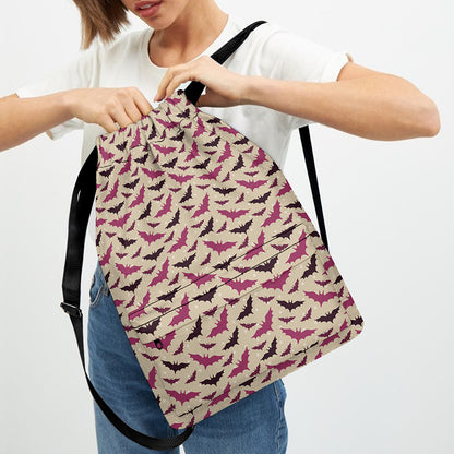 Purple Halloween Bat Pattern Print Drawstring Backpack