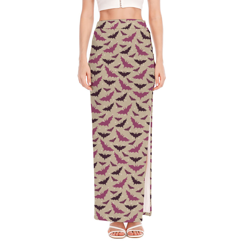Purple Halloween Bat Pattern Print High Slit Maxi Skirt