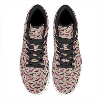 Purple Halloween Bat Pattern Print High Top Leather Sneakers