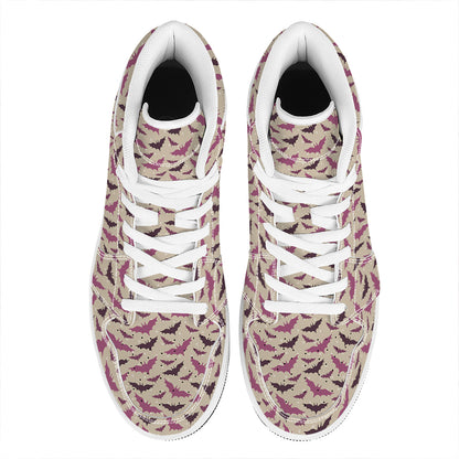 Purple Halloween Bat Pattern Print High Top Leather Sneakers