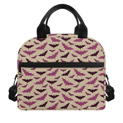 Purple Halloween Bat Pattern Print Insulated Lunch Bag
