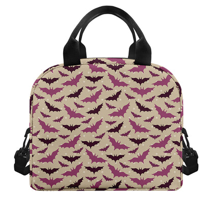 Purple Halloween Bat Pattern Print Insulated Lunch Bag