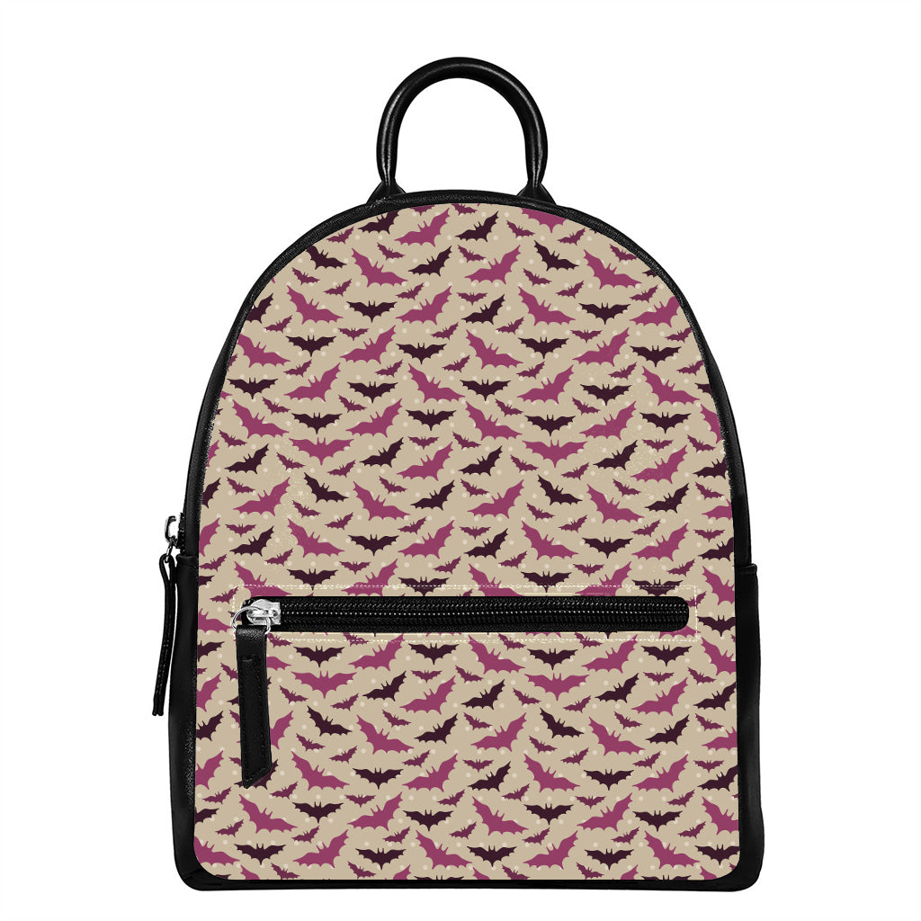 Purple Halloween Bat Pattern Print Leather Backpack