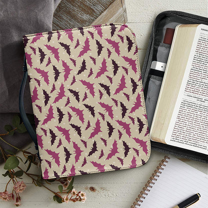 Purple Halloween Bat Pattern Print Leather Bible Cover