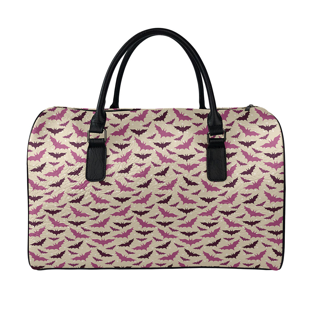Purple Halloween Bat Pattern Print Leather Duffle Bag