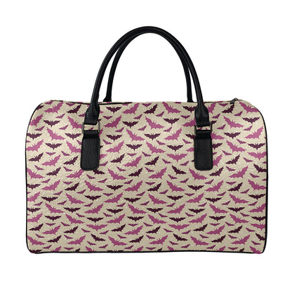 Purple Halloween Bat Pattern Print Leather Duffle Bag