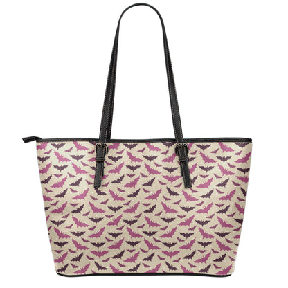 Purple Halloween Bat Pattern Print Leather Tote Bag