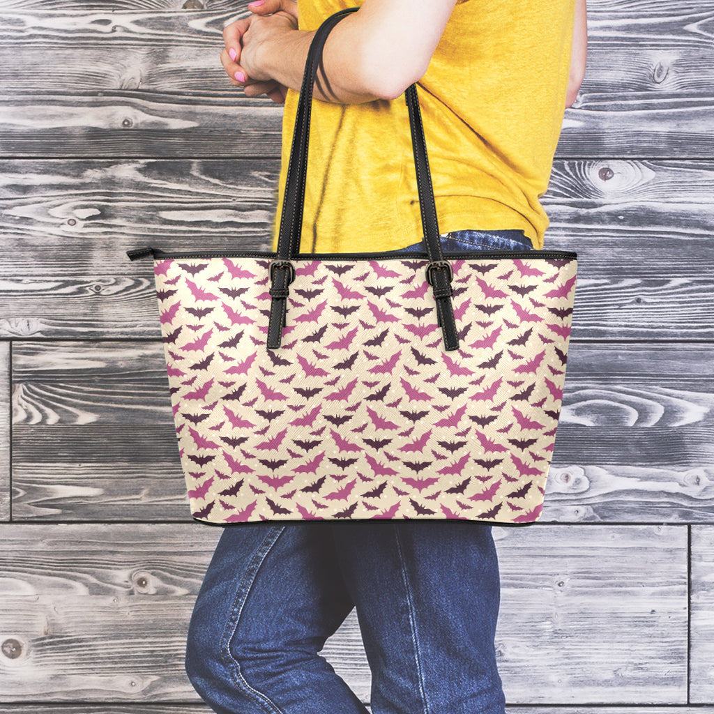 Purple Halloween Bat Pattern Print Leather Tote Bag