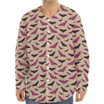 Purple Halloween Bat Pattern Print Long Sleeve Baseball Jersey