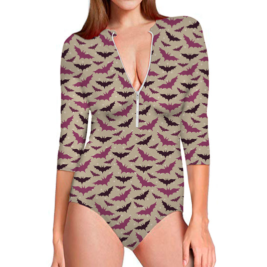 Purple Halloween Bat Pattern Print Long Sleeve Swimsuit