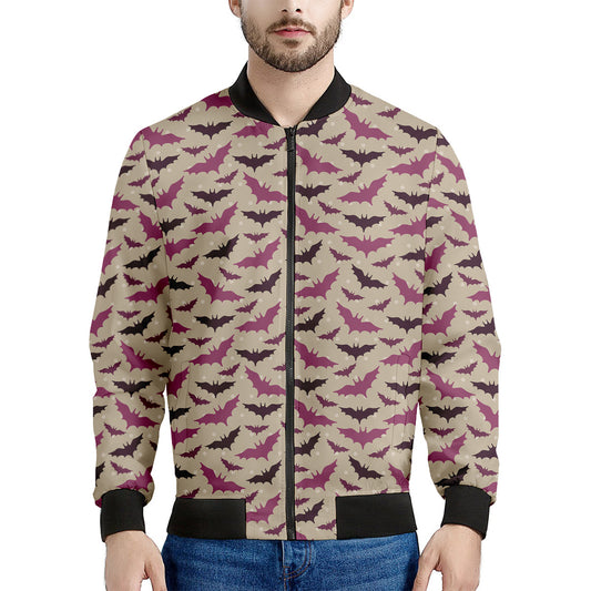 Purple Halloween Bat Pattern Print Men's Bomber Jacket