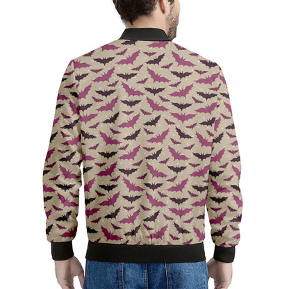 Purple Halloween Bat Pattern Print Men's Bomber Jacket