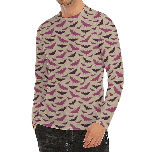 Purple Halloween Bat Pattern Print Men's Long Sleeve Rash Guard