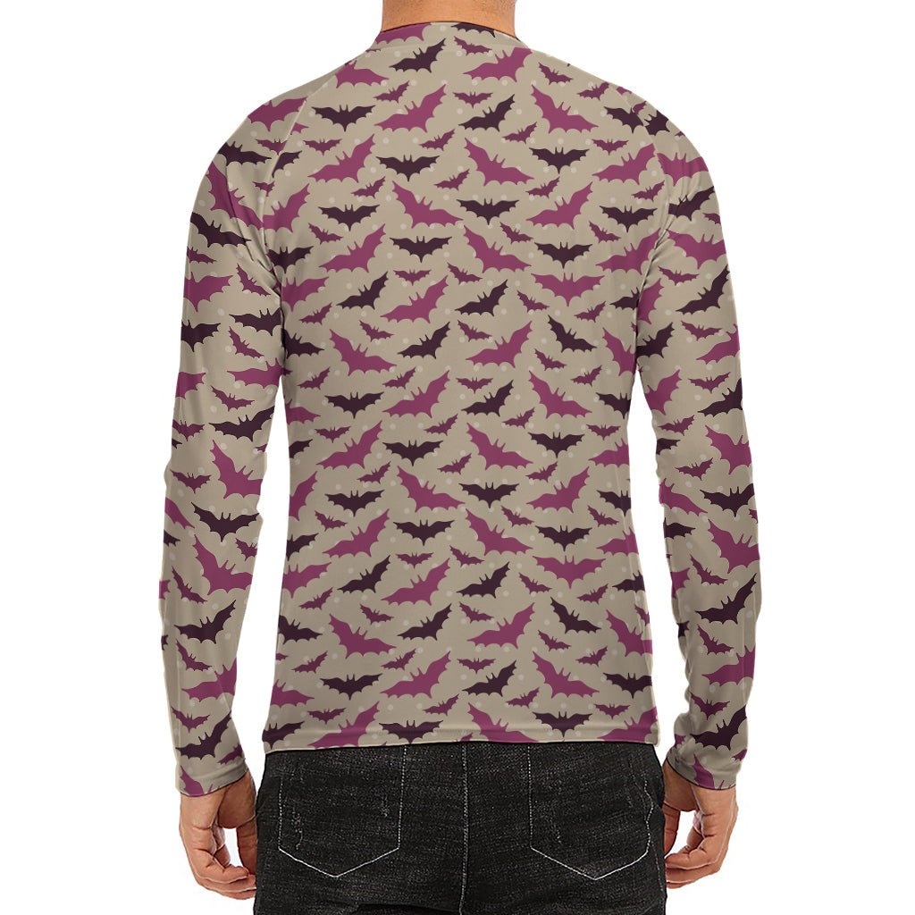 Purple Halloween Bat Pattern Print Men's Long Sleeve Rash Guard