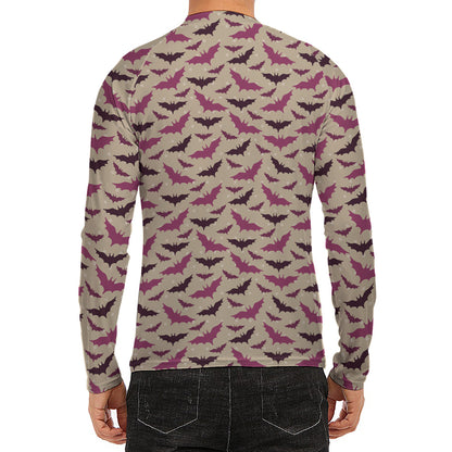 Purple Halloween Bat Pattern Print Men's Long Sleeve Rash Guard
