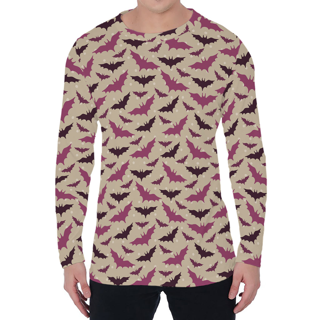 Purple Halloween Bat Pattern Print Men's Long Sleeve T-Shirt