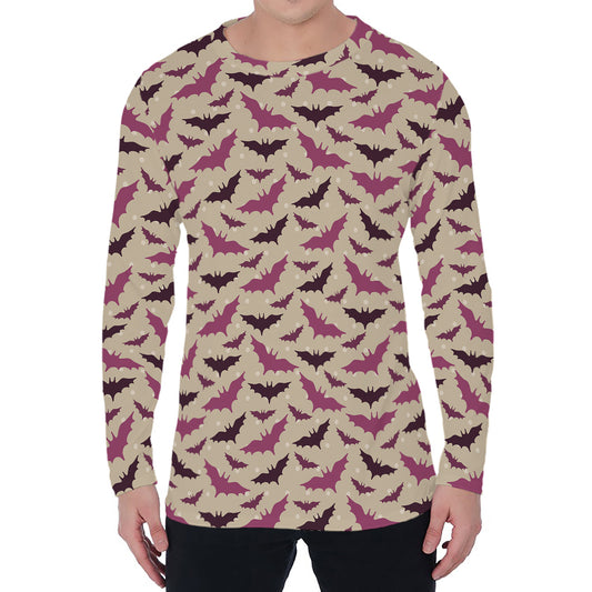 Purple Halloween Bat Pattern Print Men's Long Sleeve T-Shirt
