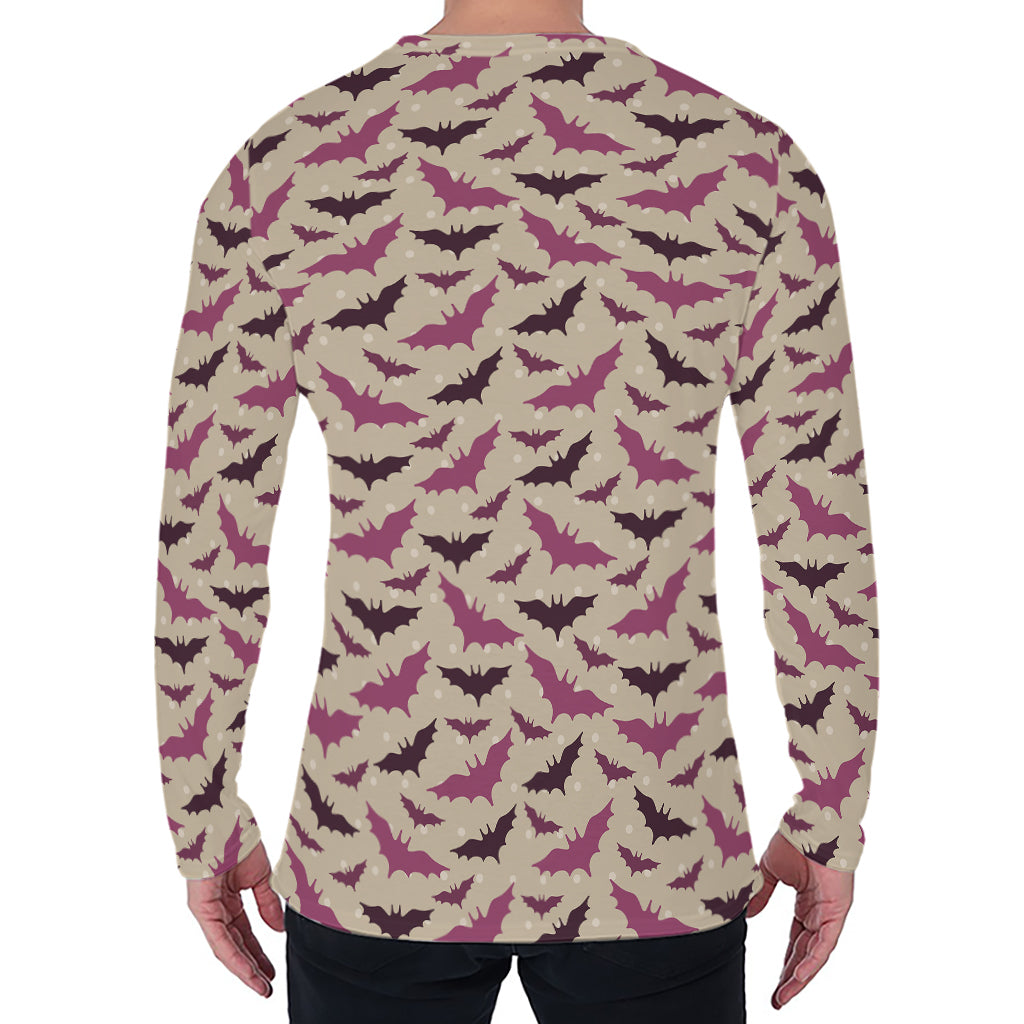 Purple Halloween Bat Pattern Print Men's Long Sleeve T-Shirt