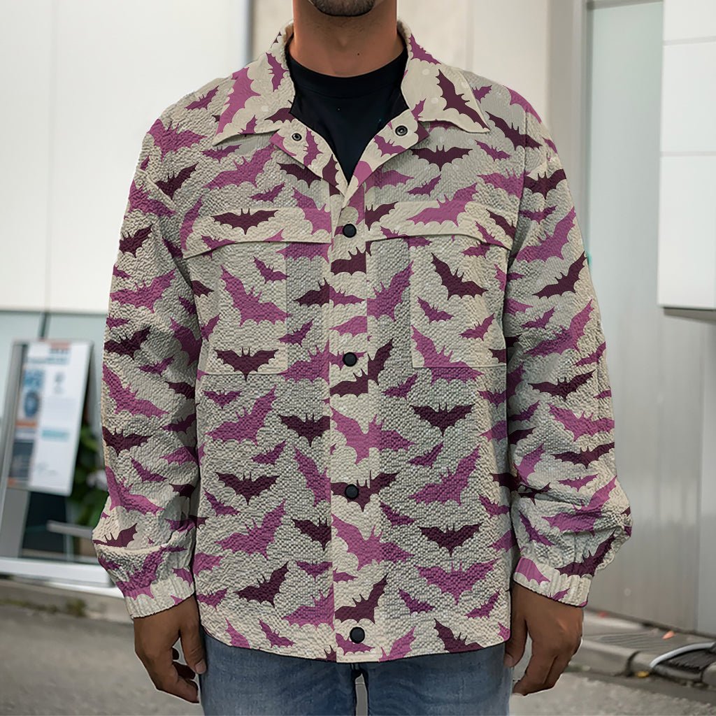 Purple Halloween Bat Pattern Print Men's Shirt Jacket