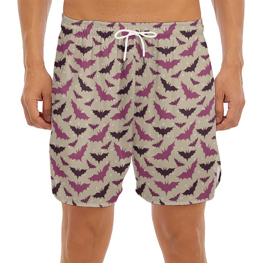Purple Halloween Bat Pattern Print Men's Split Running Shorts