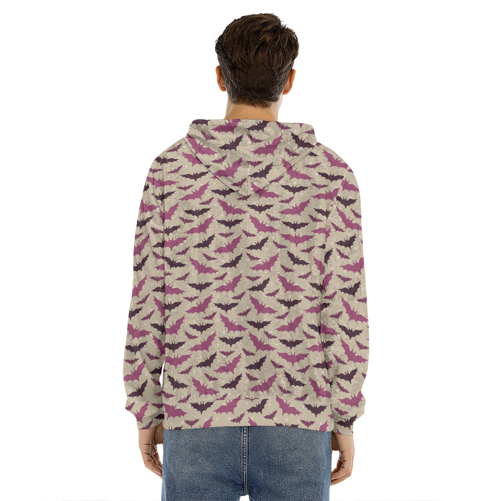 Purple Halloween Bat Pattern Print Men's Velvet Pullover Hoodie
