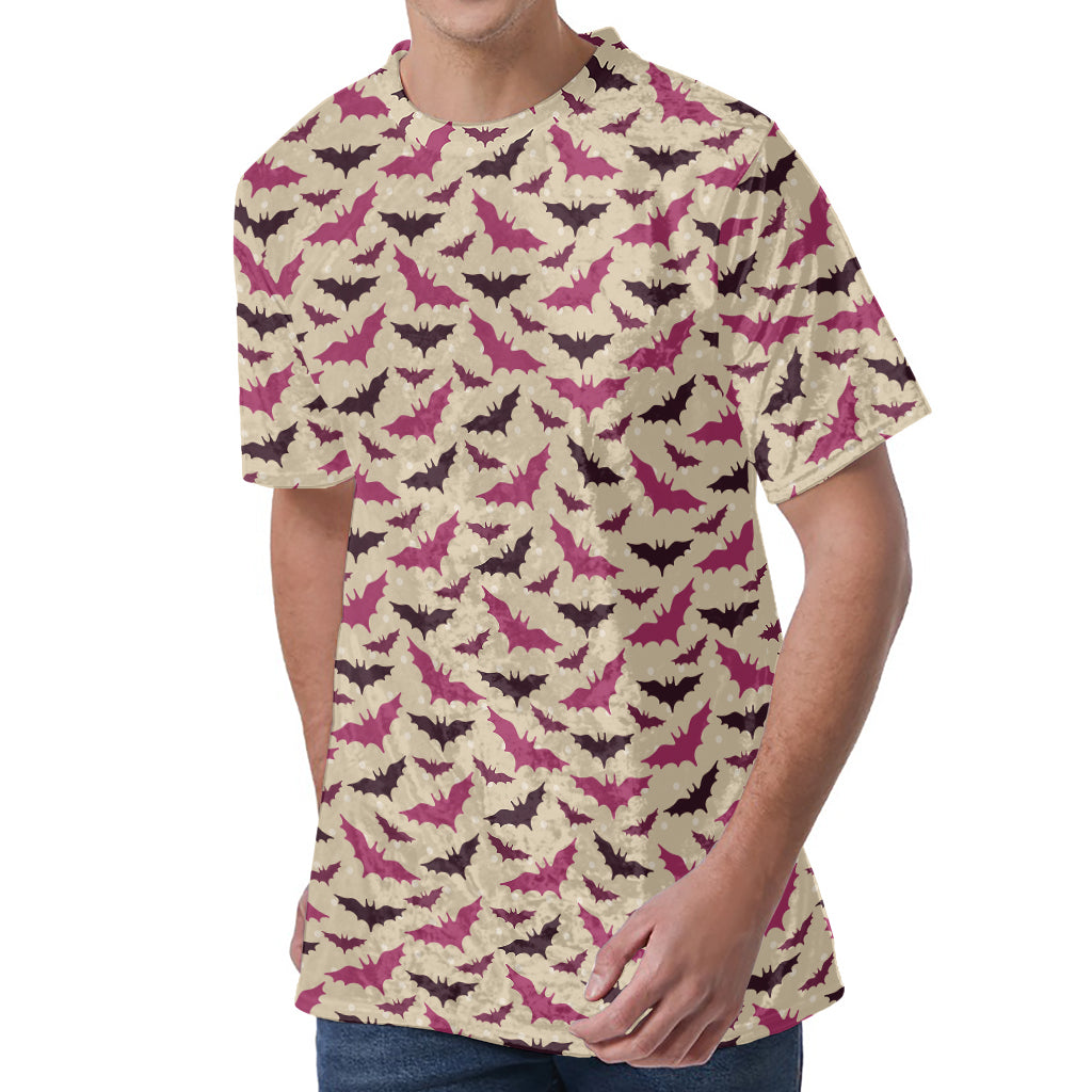 Purple Halloween Bat Pattern Print Men's Velvet T-Shirt