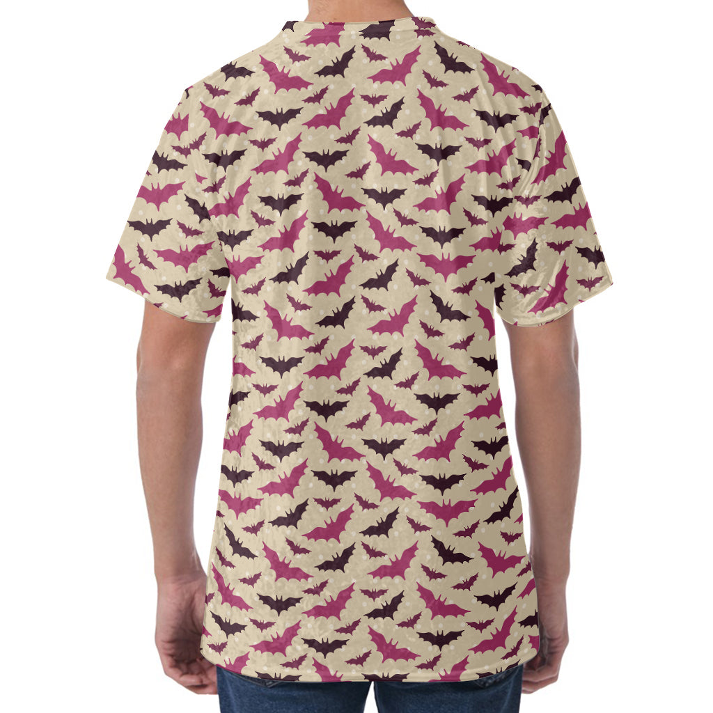 Purple Halloween Bat Pattern Print Men's Velvet T-Shirt
