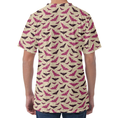 Purple Halloween Bat Pattern Print Men's Velvet T-Shirt