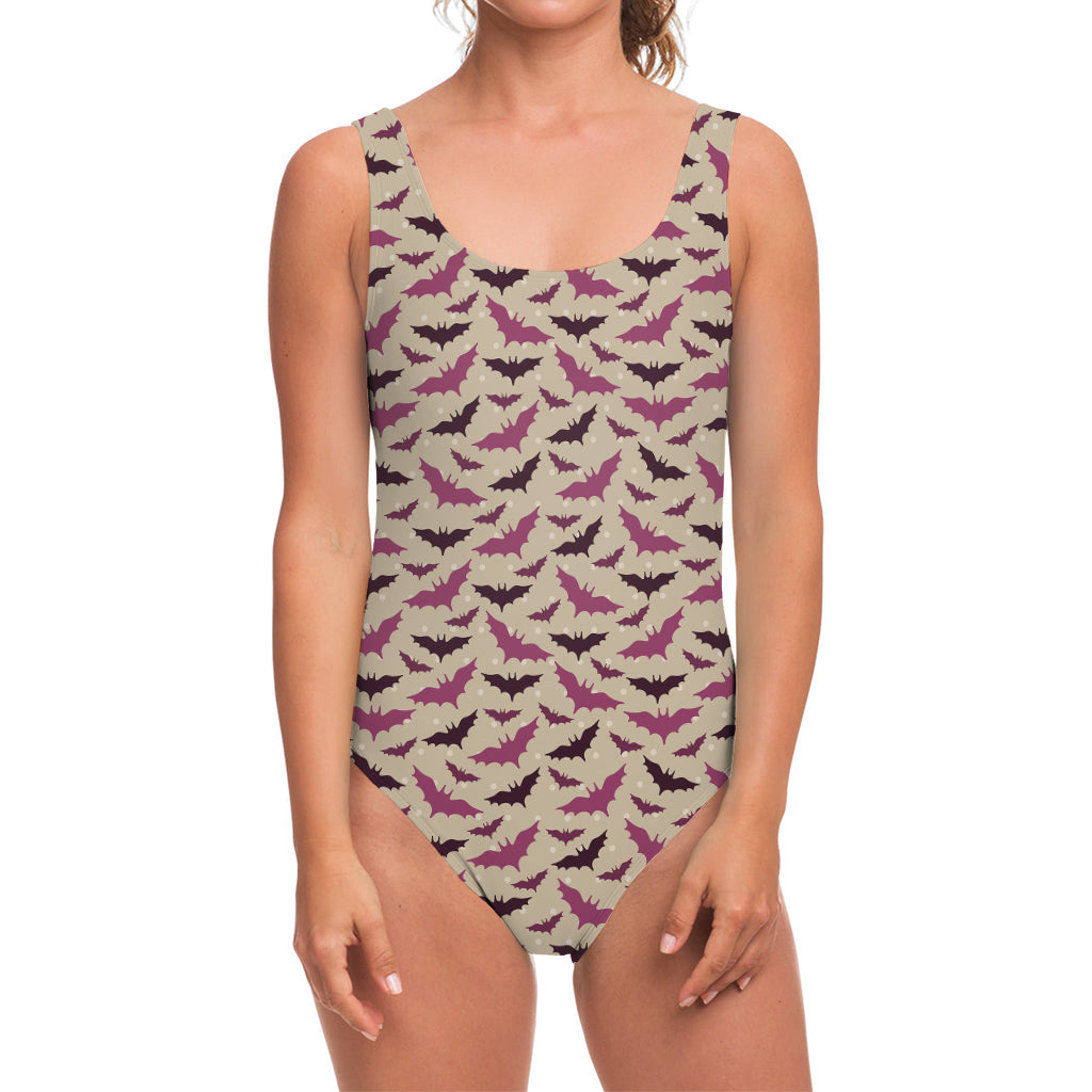Purple Halloween Bat Pattern Print One Piece Swimsuit