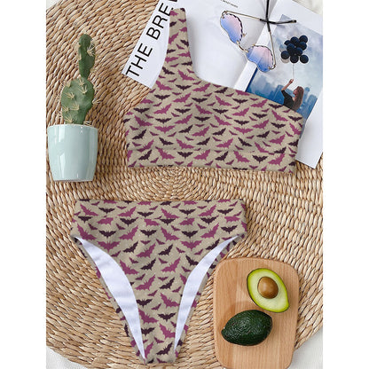 Purple Halloween Bat Pattern Print One Shoulder Bikini Top