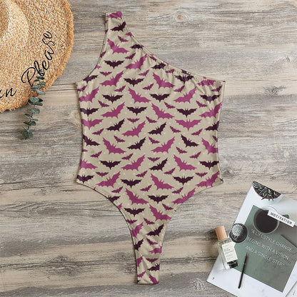 Purple Halloween Bat Pattern Print One Shoulder Bodysuit